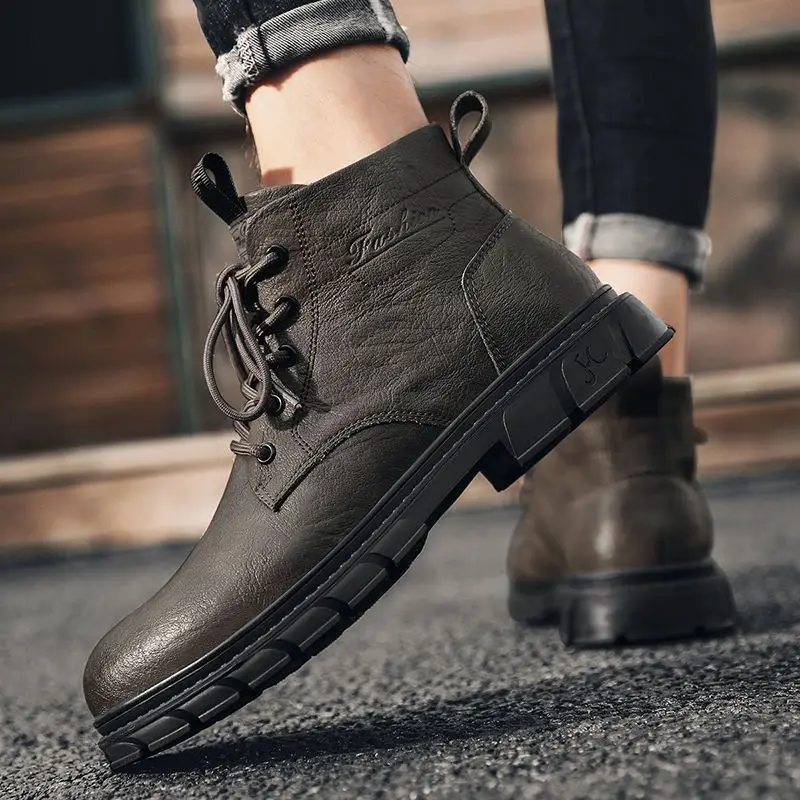 Casual Men's Black Motorcycle Work Boots Spring 2025 High-Trend  Boots Leisure Leather Shoes Breathable round Toe Rubbe...