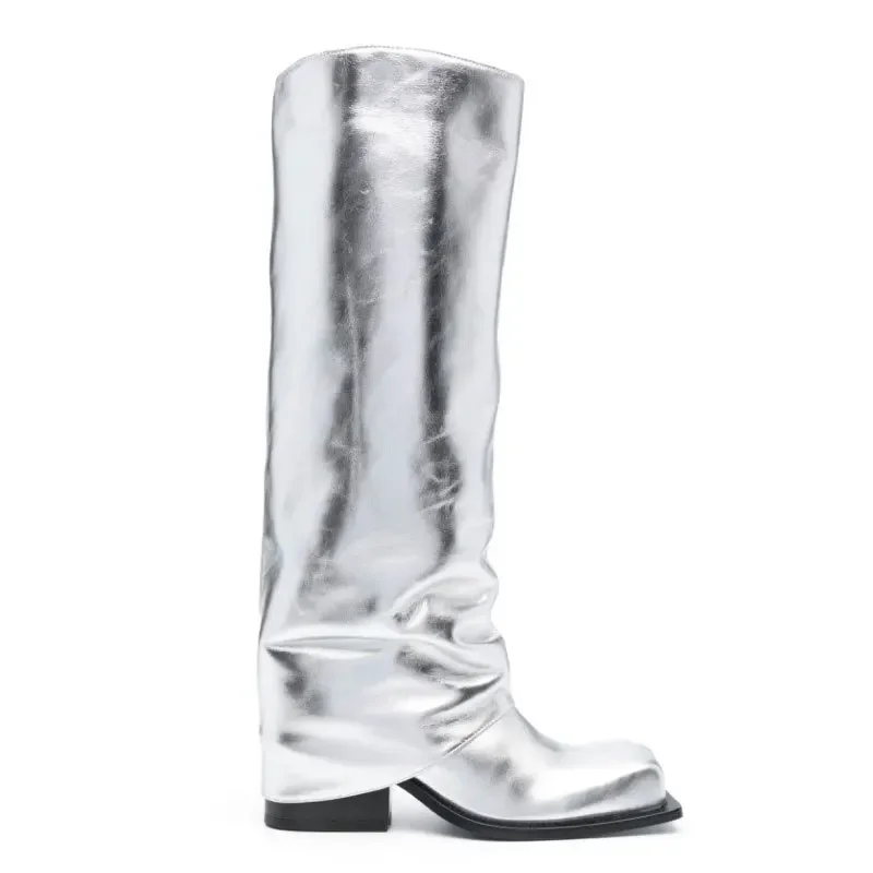 2027 Women Shoes Large Tube Apron Boots Thick Square Round Head Long Tube Women's Boots Leather Thick Sole Metal Knight Boots