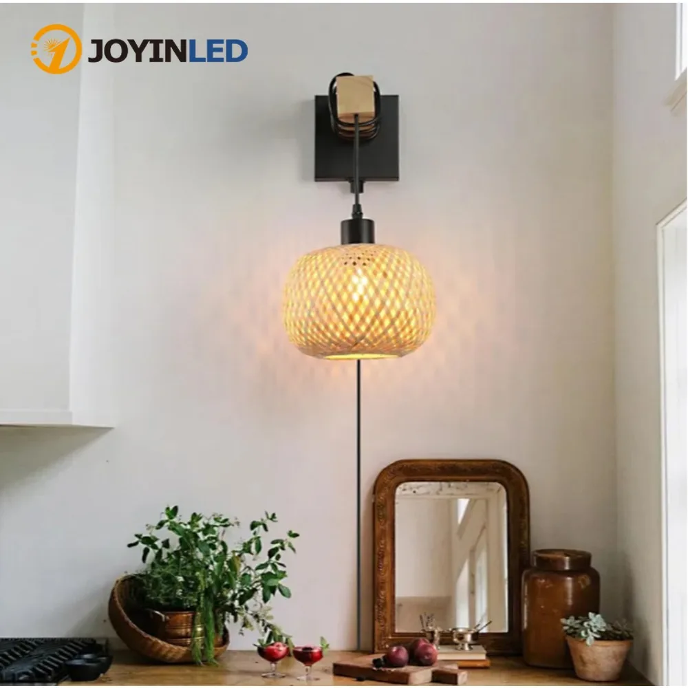 

JOYINLED 1/2 шт. винтажный настенный светильник в сельском стиле ручной работы из бамбукового плетения абажур для проживания в семье, коридор, спальня, освещение, украшение комнаты