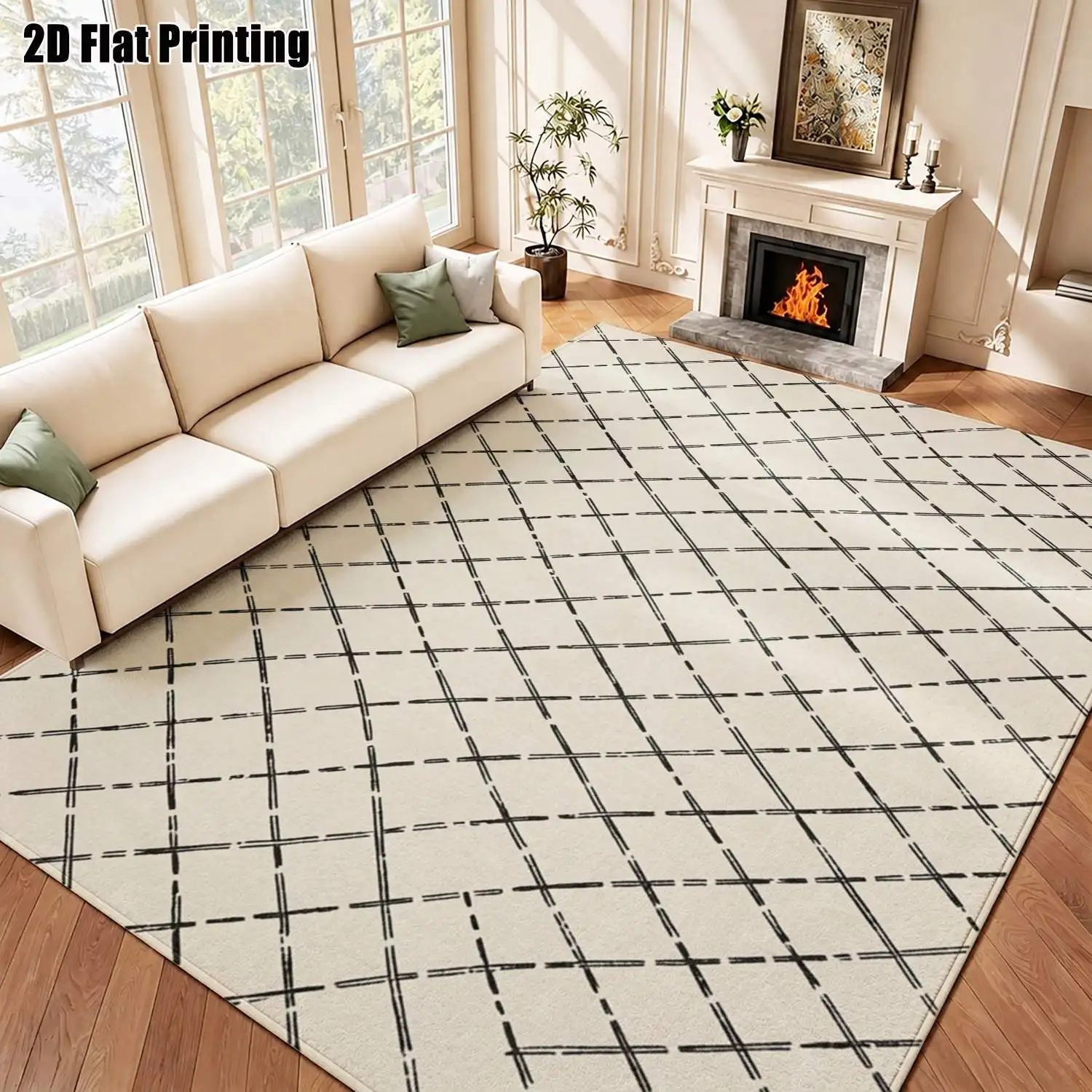 1Pc 2D Printed Beige Black Cross Geometric Carpet: Modern Simple Nordic Instagram Style, Machine Washable, Multi-Size, for Home Decor, Entrance/Dining/Bedroom/Living Room Etc