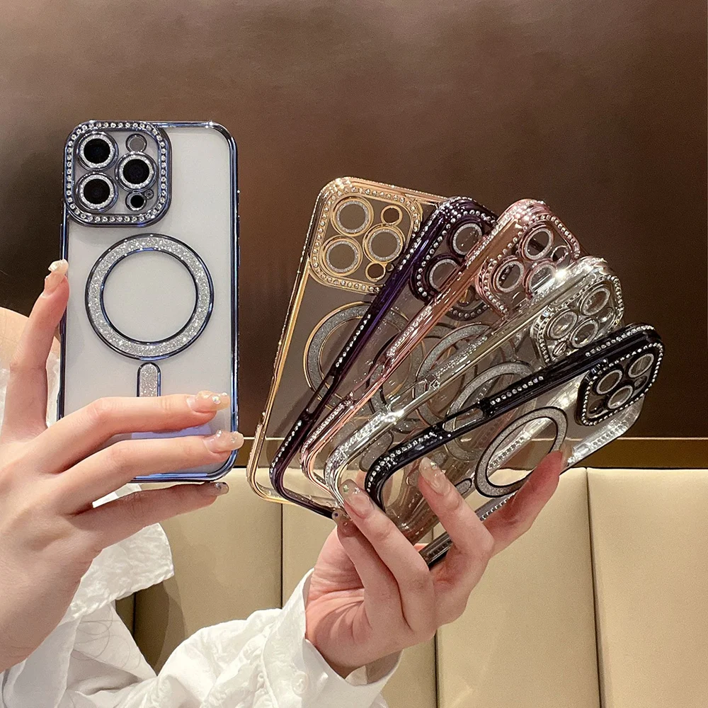 

New INS Color Border RhinestoneTransparent Magnetic Phone Case For iPhone 17 16 15 14 13 12 11 Pro Max Plus Protective Cover