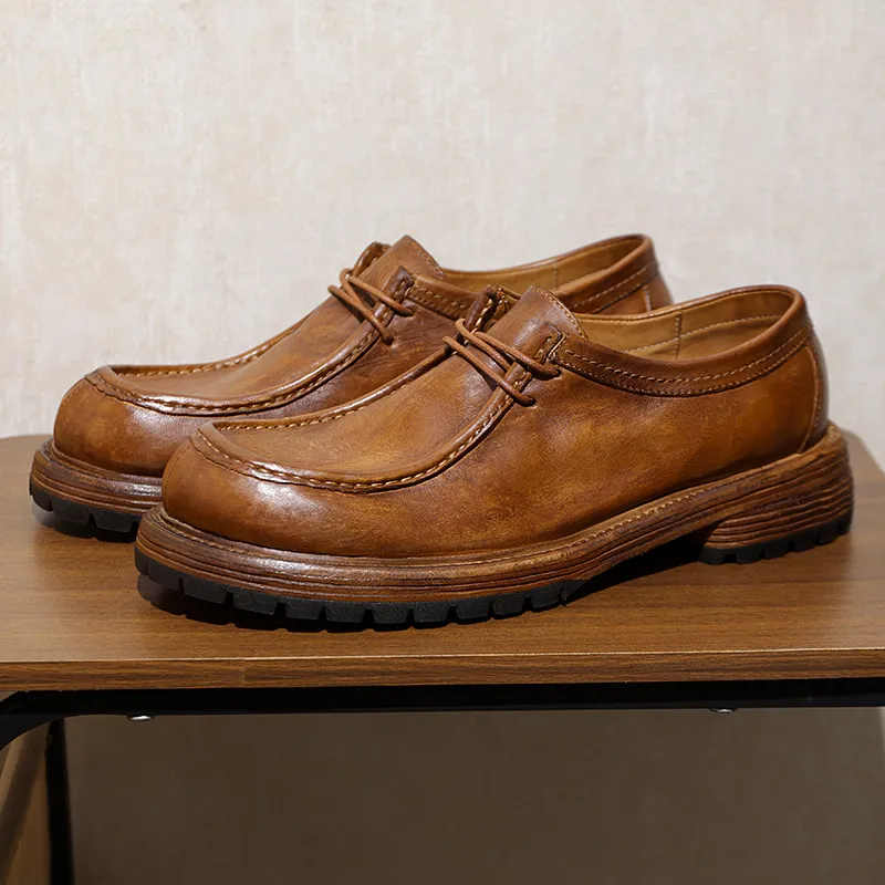 Designer Casual Leather Shoes Men's British Style Retro Washed Genuine Leather Breathable Soft Sole Lightweight Work Shoes Male