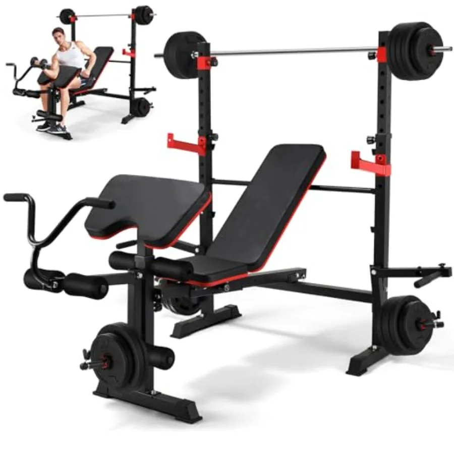 Juego de banco de pesas ajustable 6 en 1 de 900 LBS con extensión de pierna Preacher Curl Banco plegable plano inclinado Decline 40 estante para sentadillas B