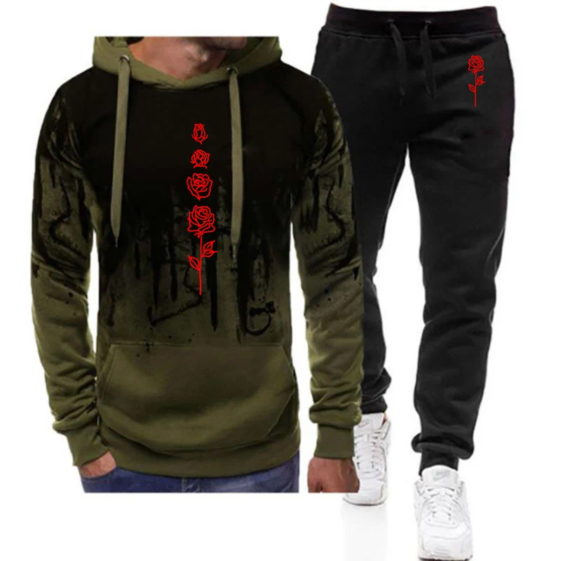 Spring Autumn 2026 Beautiful Rose Pattern Logo Print Gradient Color Men's Hooded Causal Premium Sports Hoodies Pants Suits