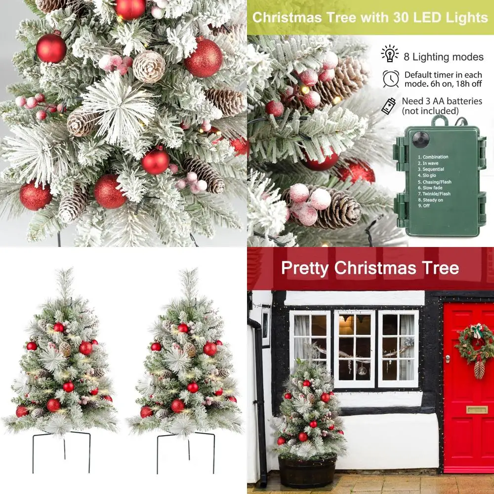 

30-inch Pre-lit Christmas Trees Set, Battery-Powered Outdoor Decor with Red Berries and Pine Cones for Pathways and Yards