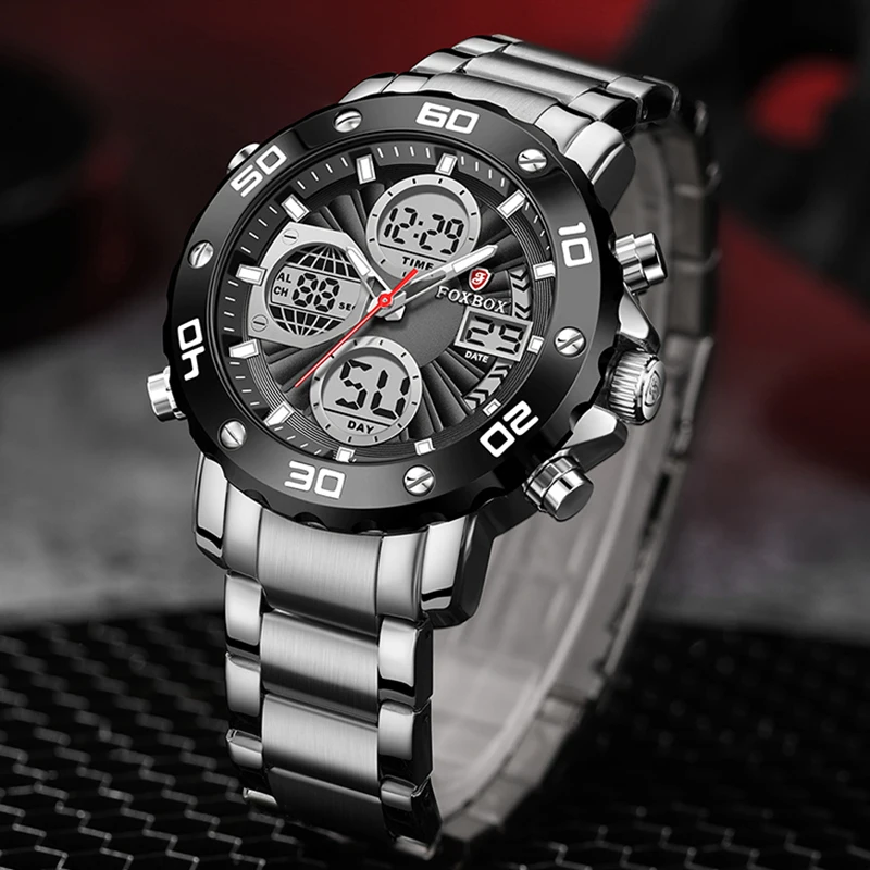 FOXBOX Watch Men Fashion Sport Quartz Clock Brand Mens Watches Luxury Military Waterproof All steel Wristwatch Relogio Masculino