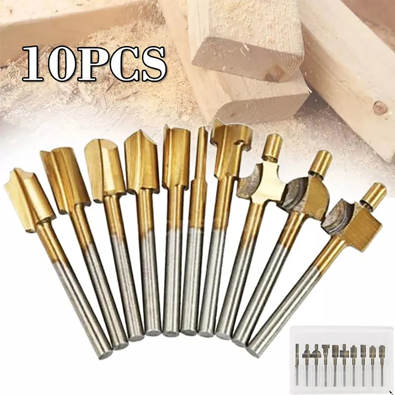 

10Pcs 1/8" HSS Wood Router Bits Files Titanium Coated Mini 3mm Wood Cutter Milling For Rotary Tools Set Carpenter Tool With Case