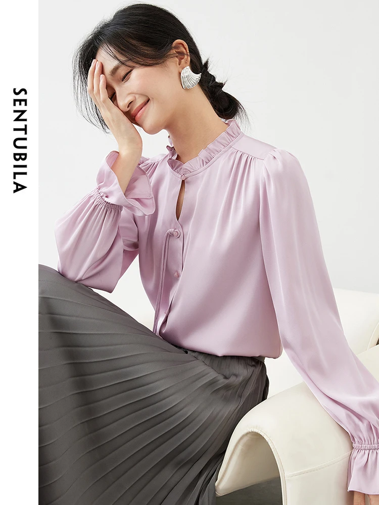 SENTUBILA Texture Satin Shirt for Women 2024 Autumn Straight Hollow Out Ruffled Neck Puff Sleeve Elegantly Women Top 143C55441