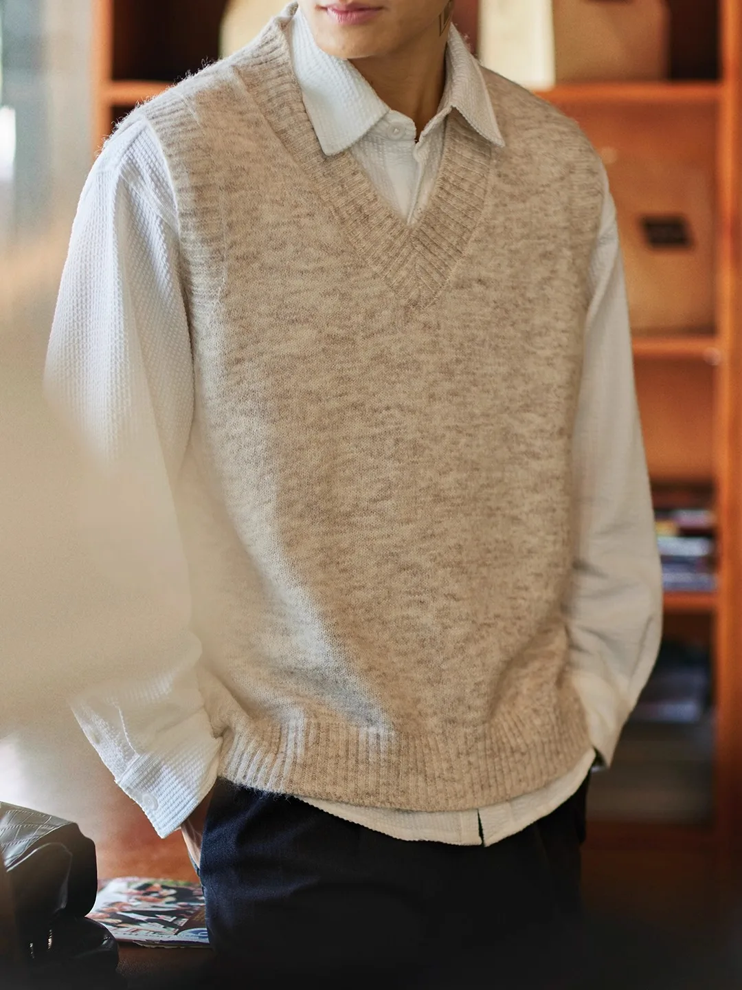 

Retro Spring Autumn Wool Blend Svel Knitted Sweater Men's V-Ne Loose American Sle Warm Base Vest Top Casual Wear