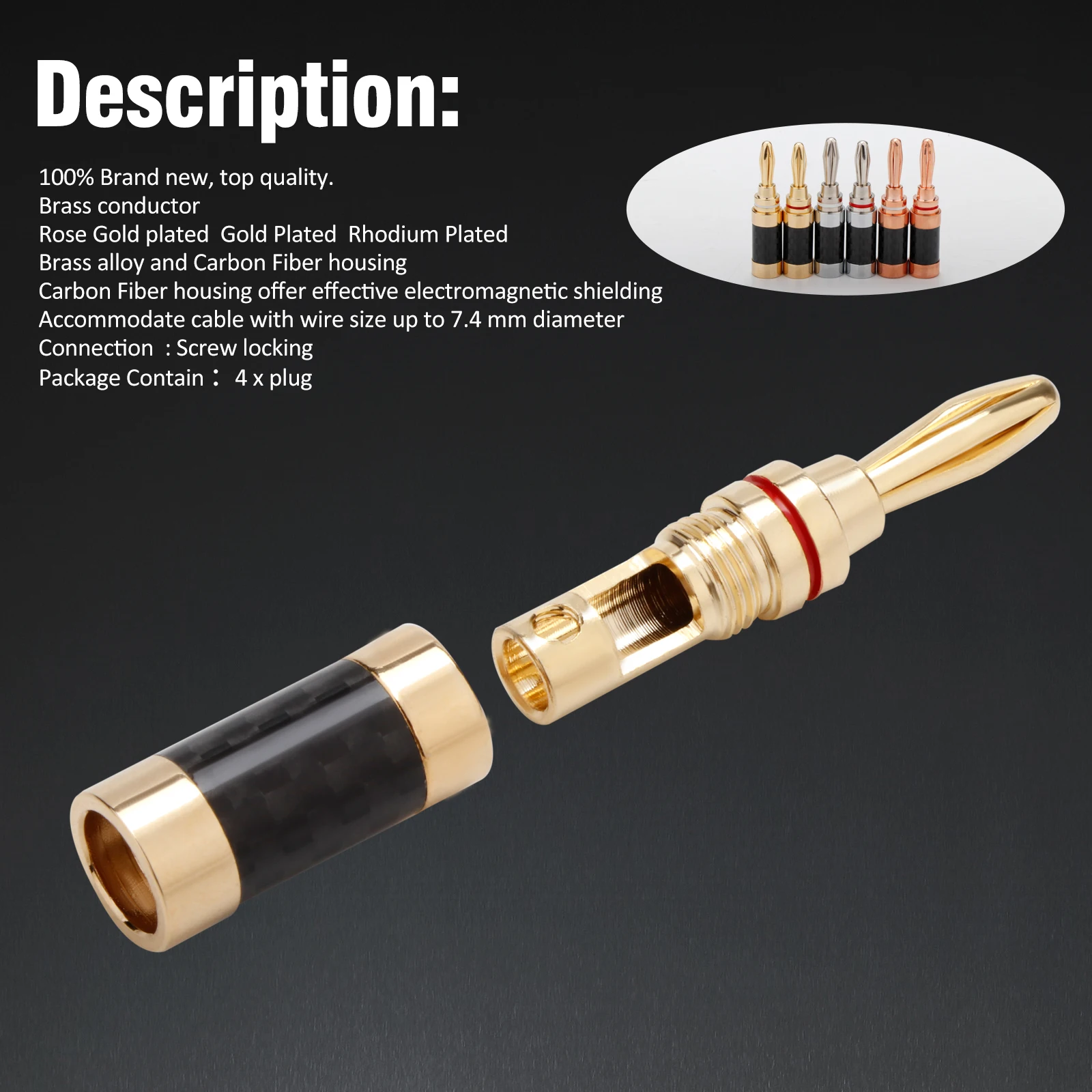 Banana Plug Connector, Calble Speaker Series For Carbor Fiber Rose gold Plated Plug