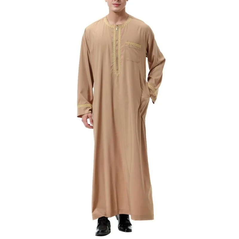 Men\'s Muslim Robes Middle East Arab Ramadan Islamic Clothing Solid Color Casual Lace Round Neck Long Sleeve T-shirt Dress Tunic