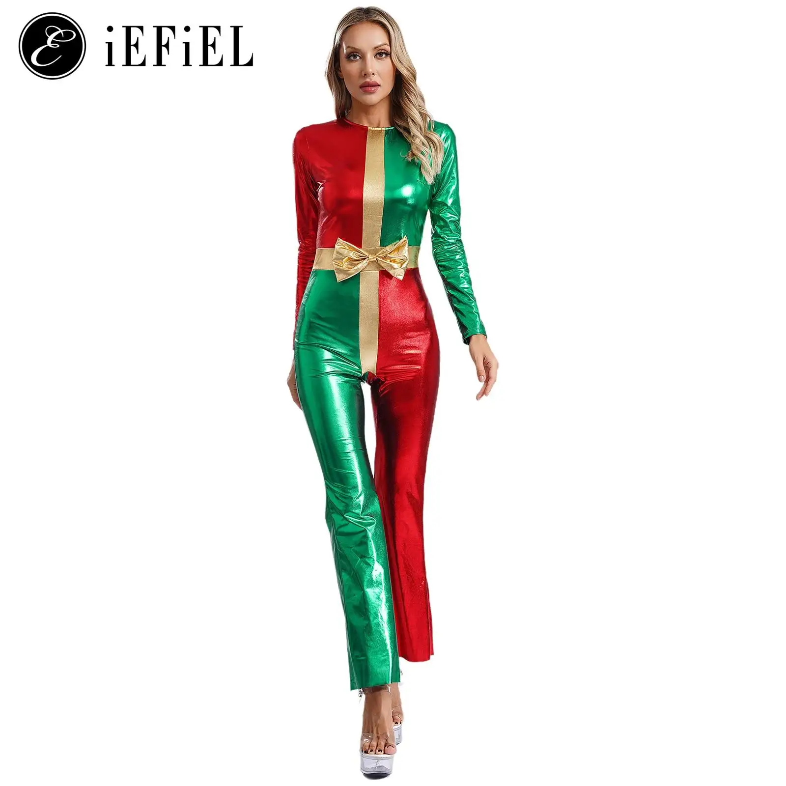 Traje de baile de Navidad para mujer, monos de una pieza metálicos, rojos y verdes, monos de baile con parte inferior de campana de salón de Navidad