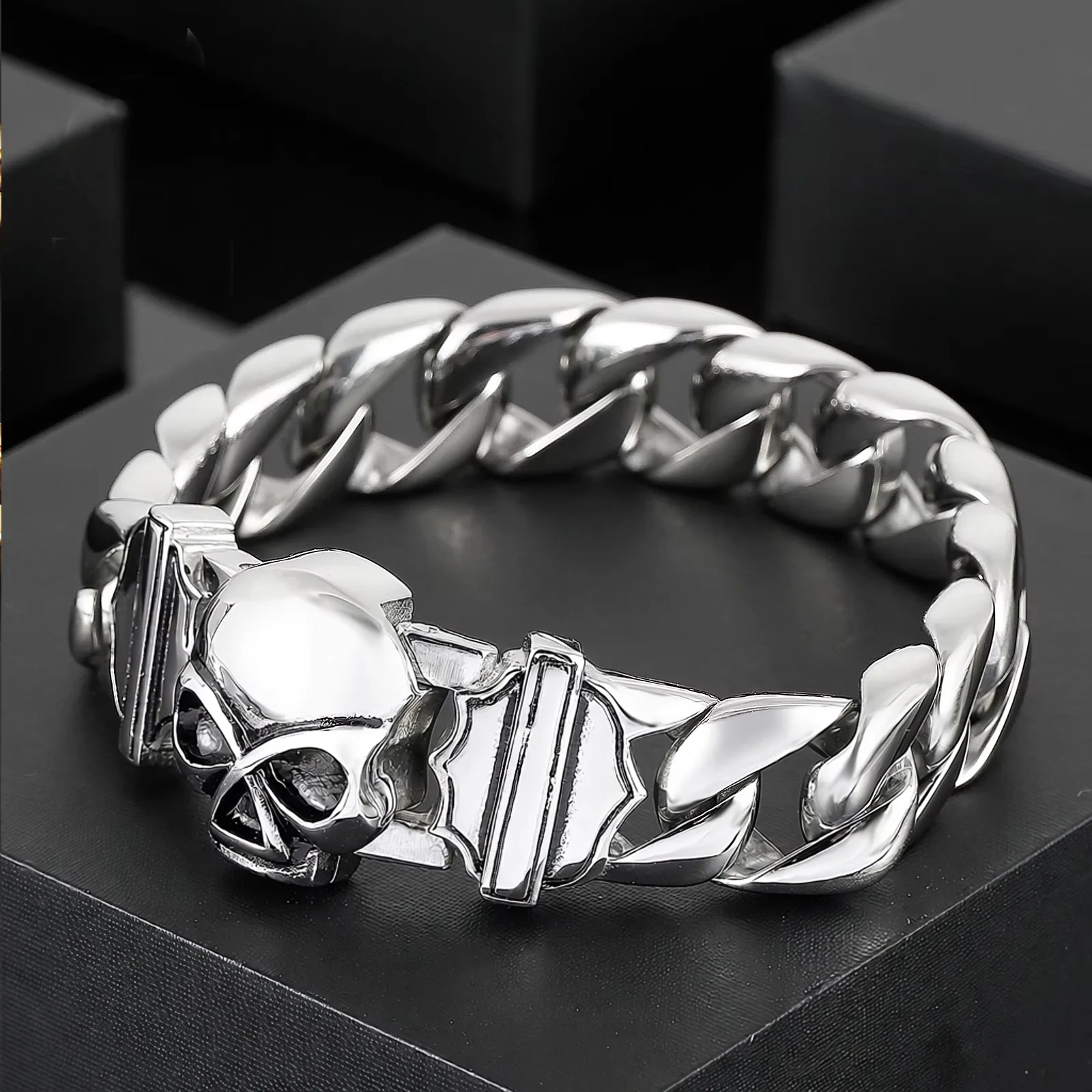 Fongten 22cm Skull Cuban Chain Bracelets For Men Stainless Steel Skeleton Curb Men Bangle Bracelet Gothic Jewelry Christmas