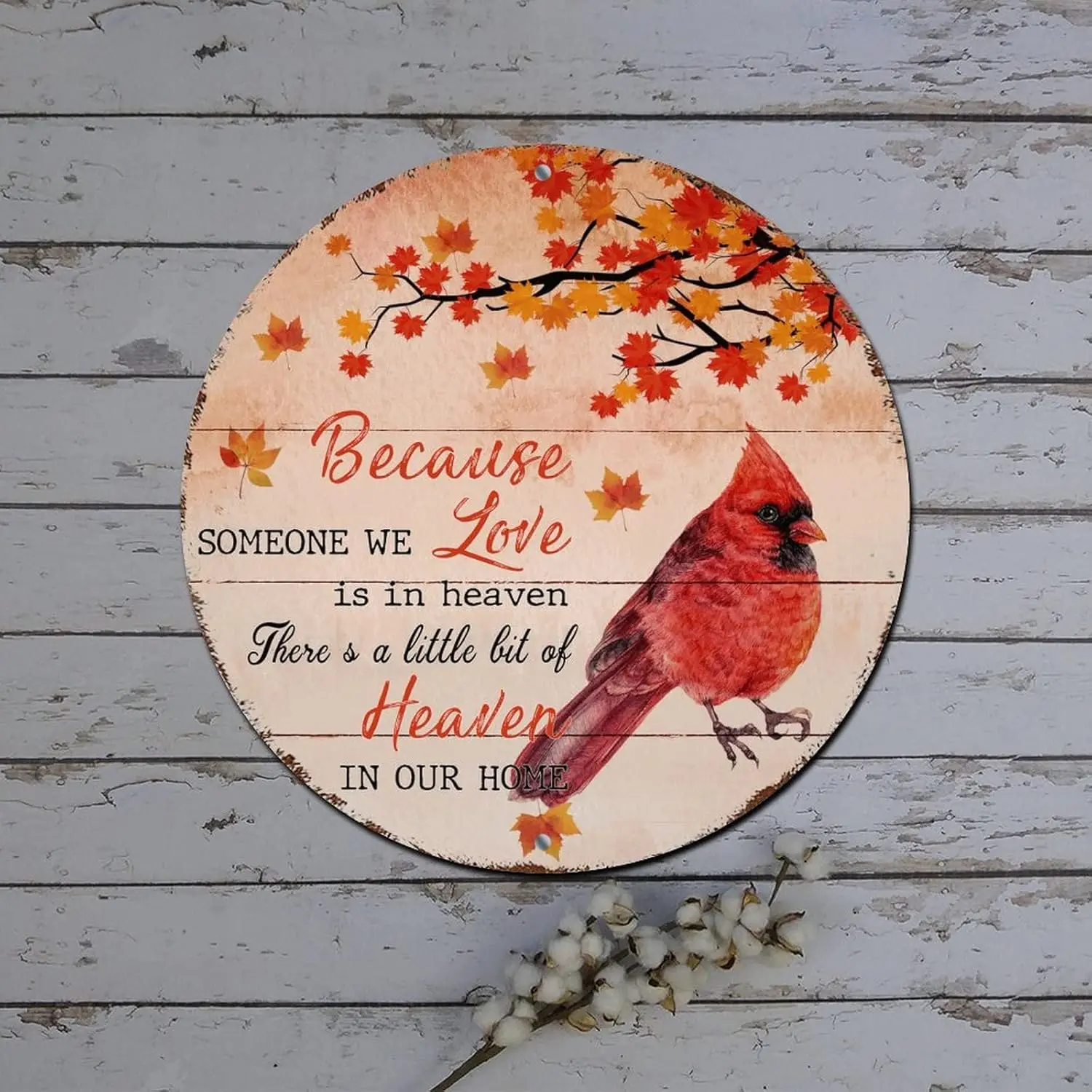 Merry Christmas Door Sign Because Someone We Love Is in Heaven Cardinalis Round Metal Tin Sign Christmas Decorations Retro Plaqu