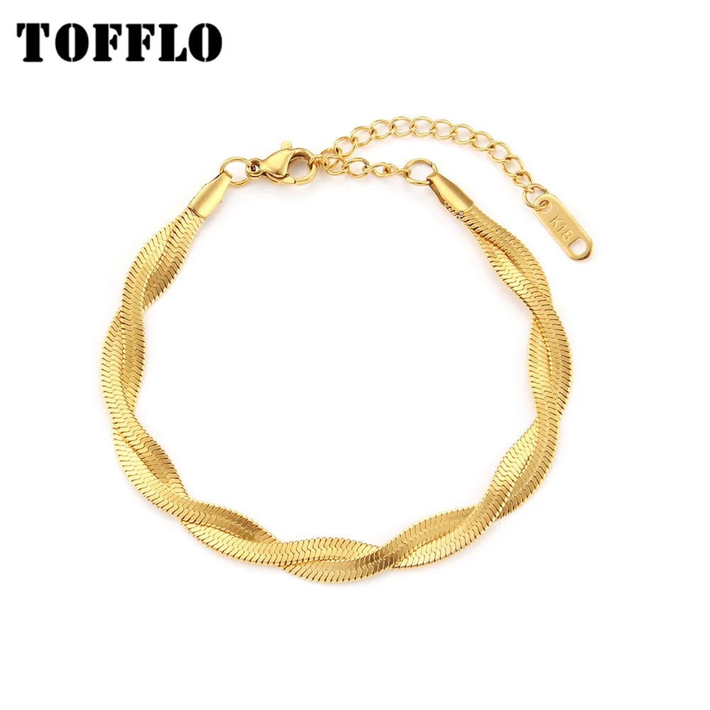 TOFFLO 18K Gold Plated Waterproof Braided New Herringbone Chain Necklace Bracelets Set Wholesale Stainless Steel Jewelry BSE35