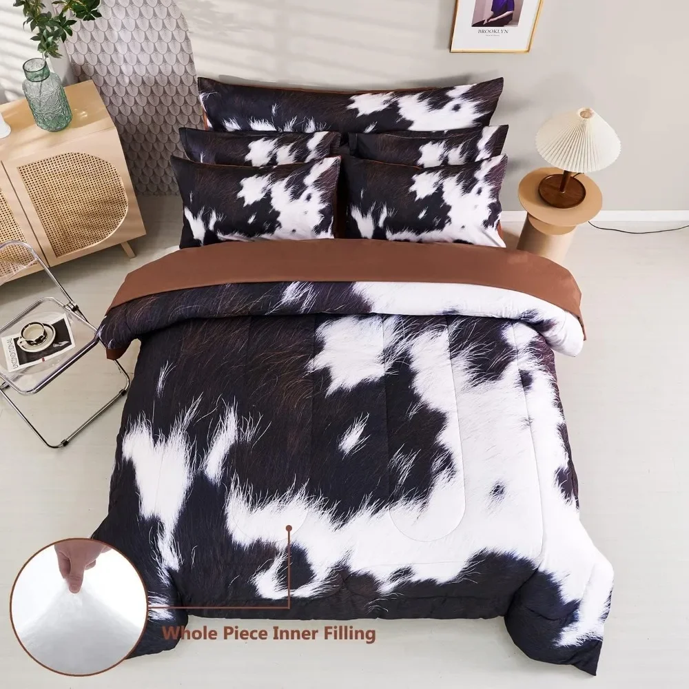 Bed Cover 8 Pieces Western Farmhouse Style Highland Rustic Cow Fur Print Bed in A Bag with Sheets, Bedding Comforter Set