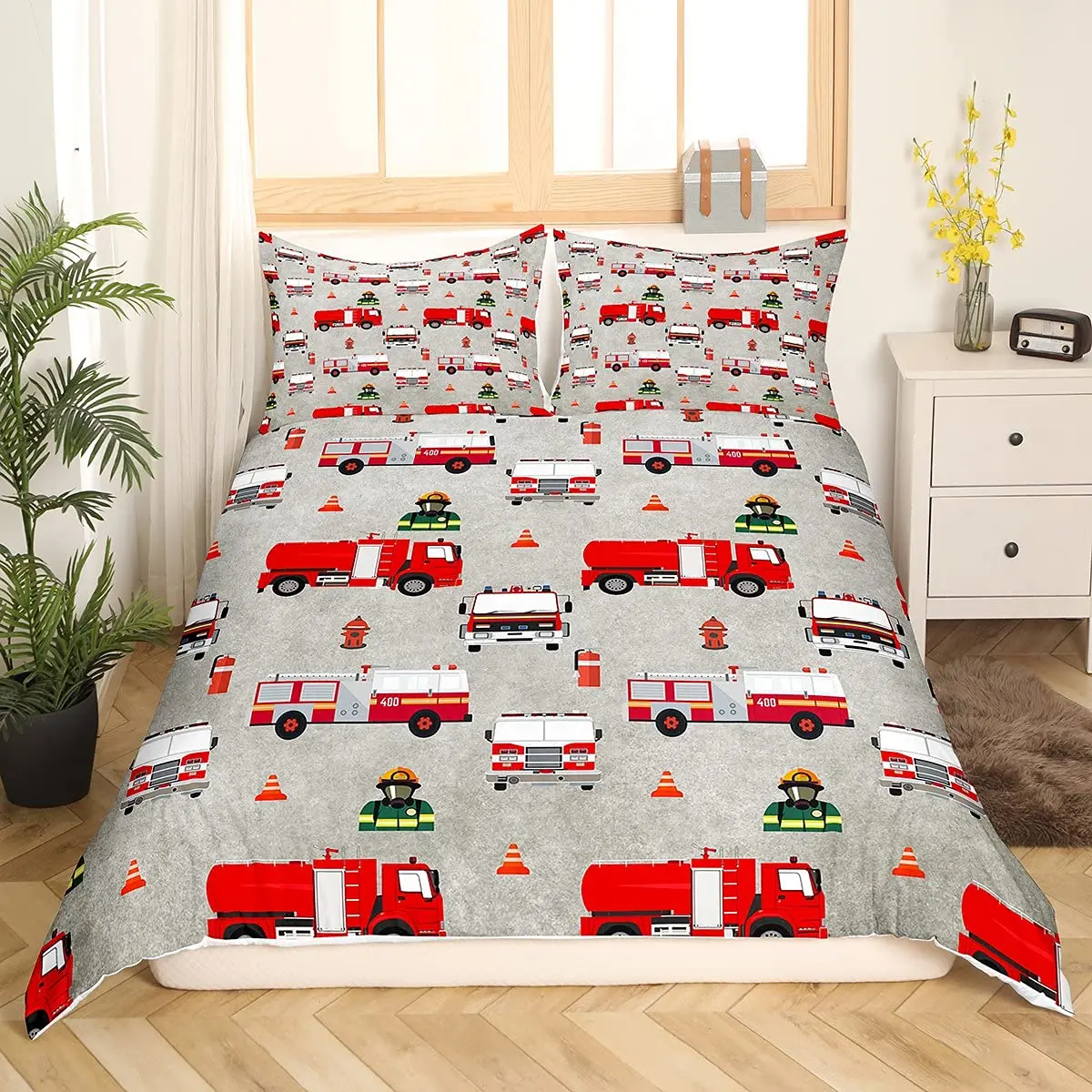 Fire Truck Bedding Set,Burning Flames Duvet Cover for Kids Fire Engine Comforter Cover Red Truck Quilt Cover with 2 Pillowcases