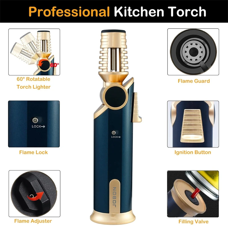 1pc Windproof Torch Blue Flame Lighter 60° Rotatable Refillable Butane Gas With Safety Lock For Baking BBQ Candle Camping Gifts