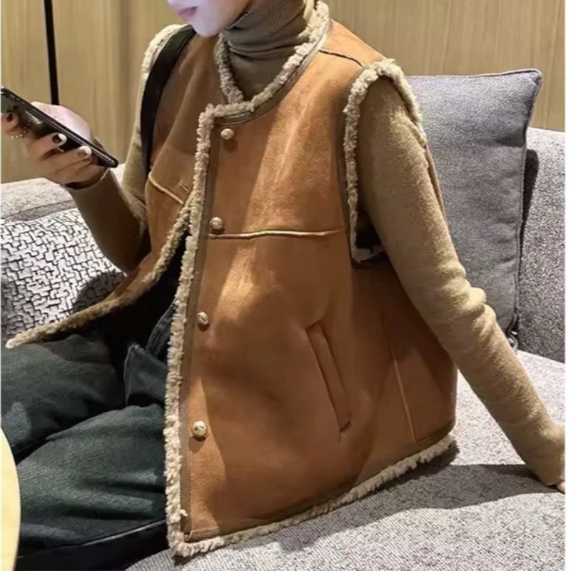 

Women Quilted Vest Coat Y2k Fleece Jacket Shearling Round Neck Sleeveless Single Breasted Straight Casual 2025 Autumn Winter