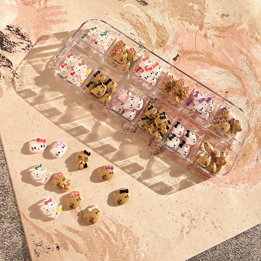 1Box Tanning Hello Kitty Nail Art Charms 72Pcs Mixed Resin Kawaii Summer Black Skin Hello Kitty Nail Decorations Manicure Parts