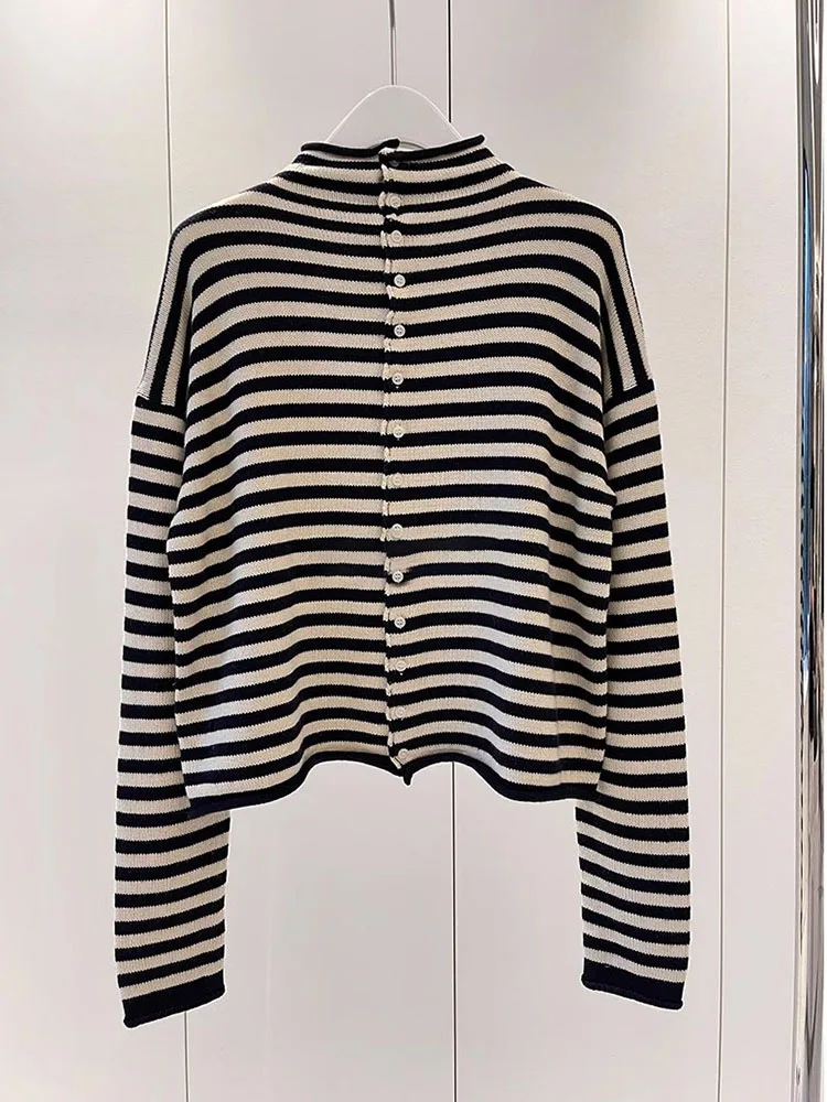 Atasan Rajut Desain Sensasi Warna Garis Blo Long Sve Nyaman untuk Bepergian, Kancing Tunggal, Model Slim