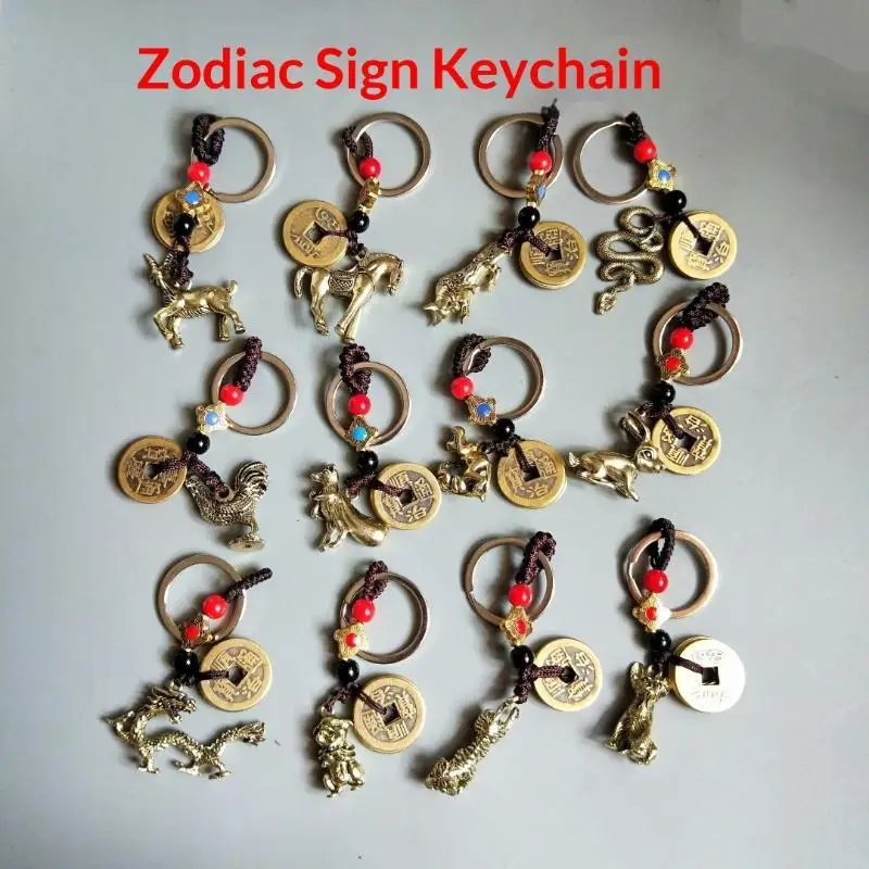 Brass+Alloy Chinese Zodiac Keychain With Lucky Feng Shui Copper Coins Handwoven Lanyard For Daily Use Gift Car Key Decor