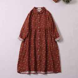 Vintage Bohemian Style Floral Long-sleeved Dress Women Spring Autumn Single Breasted Medium-length Loose Casual Dresses Vestidos