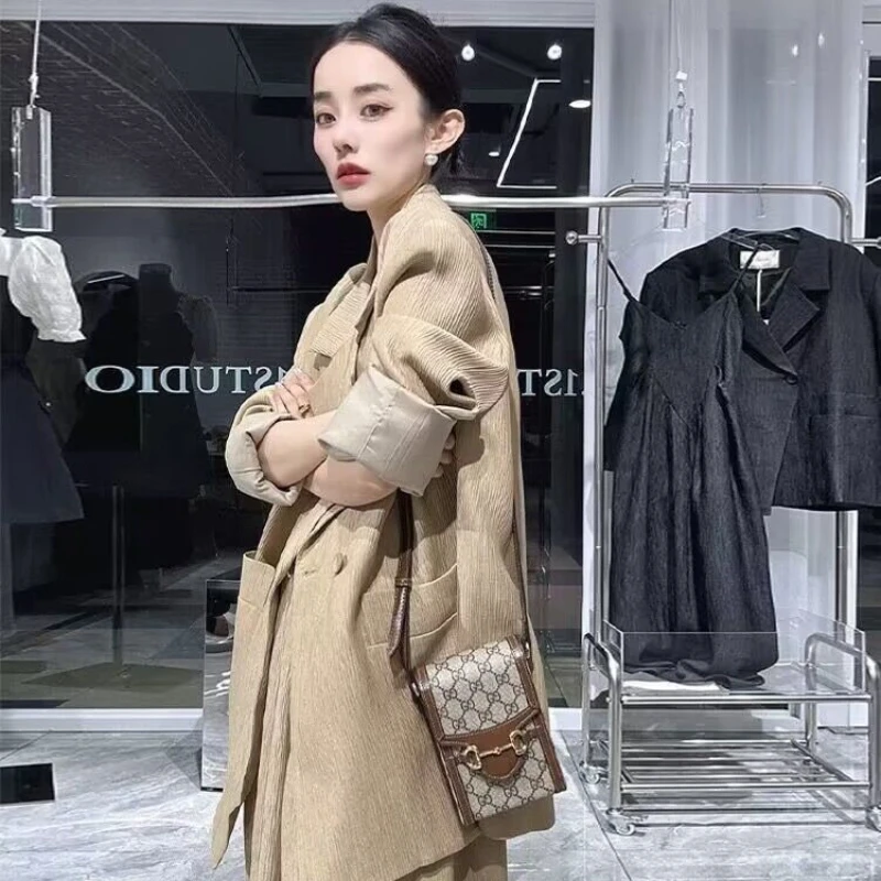 Women Sets Blazers V-neck Full-length Camisole Dress Two Pieces Elegant Solid Simple Office Ladies Korean Style Pleated Loose