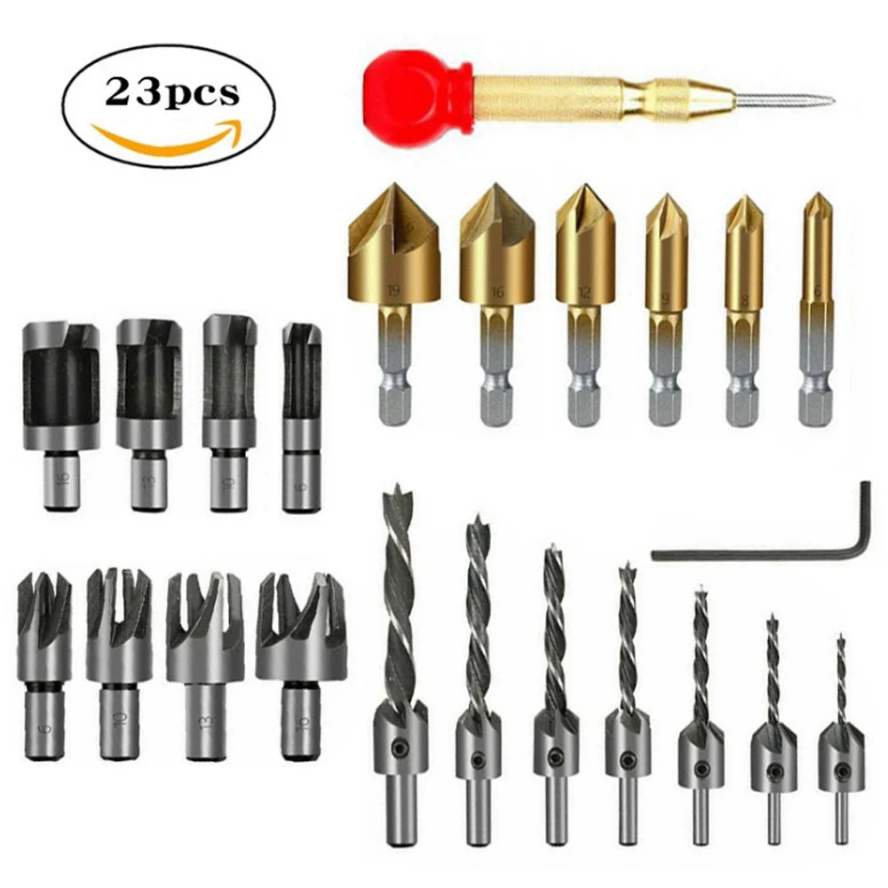 23Pcs Woodworking Chamfer Countersink Drill Bit Set Wood Plug Cutter Automatic Center Pin Punch