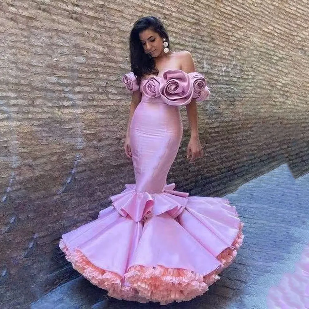 

Elegant Mermaid Evening Gowns Pink Long Formal Dresses With Ruffles Floral Ruched Sleeves Women Maxi Dress To Party Dance