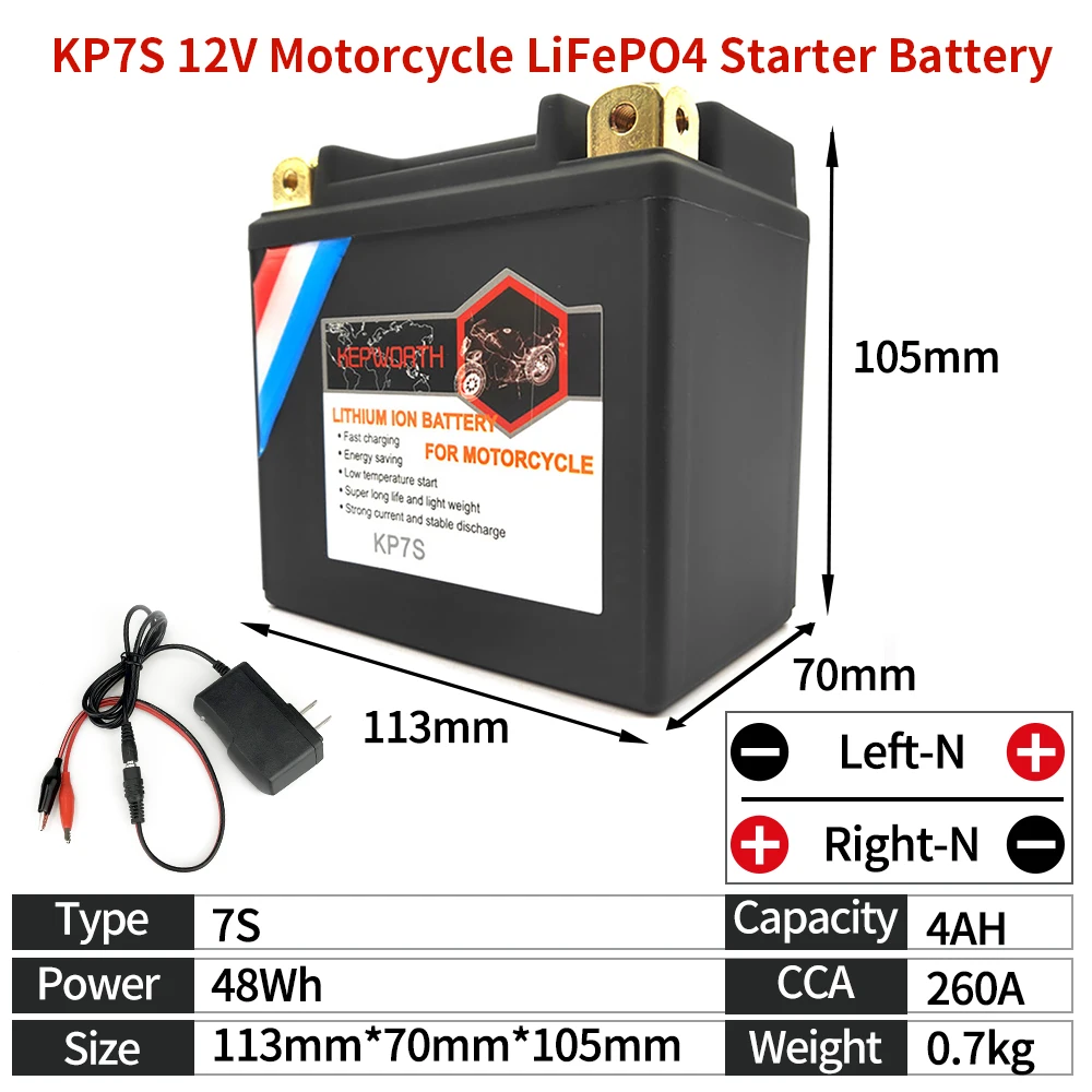 KP7S 12V 4Ah Motorcycle LiFePO4 Starter Battery CCA 260A Built-in BMS Lithium Motorbike Battery 12V Replace YTZ7S YTZ7S-BS CTZ7S