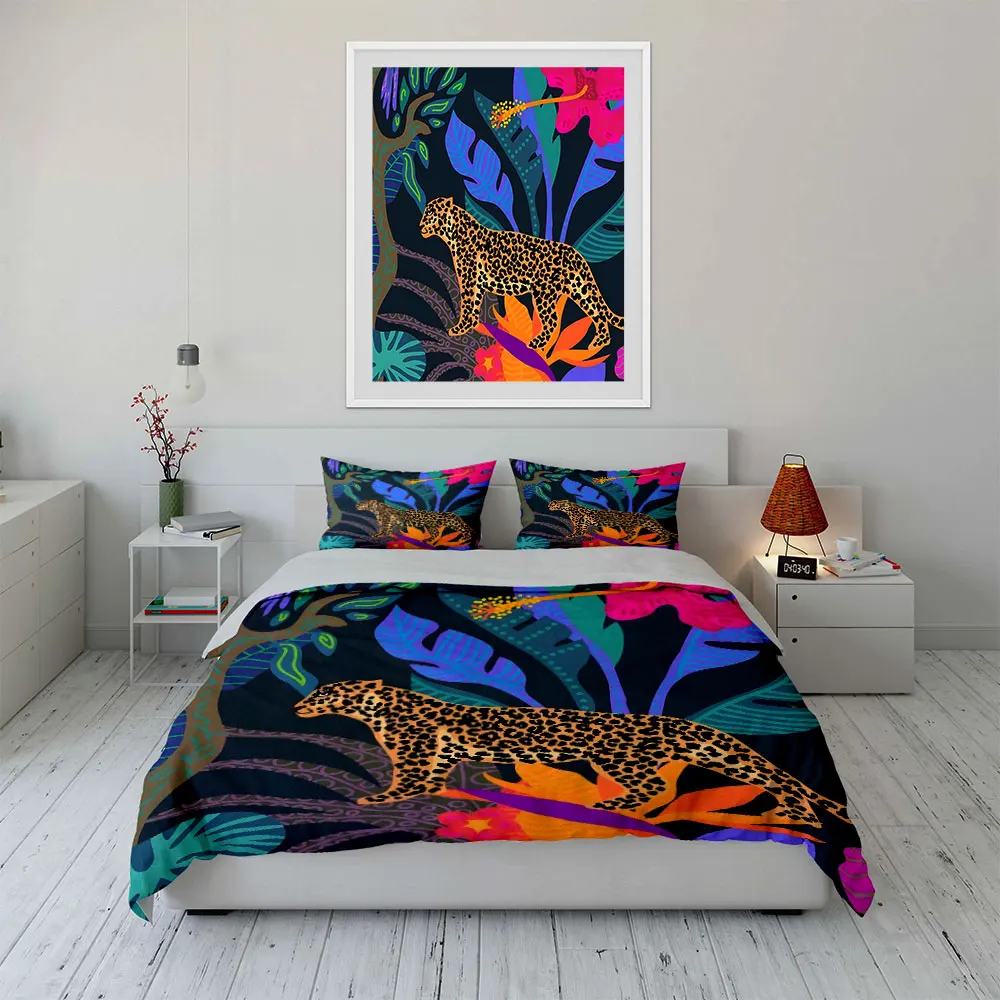 

Colorful Jungle Leopard Bedding Set, Abstract Cheetah with Tropical Leaves Print Duvet Cover + 2 Pillowcases,Boho Safari Decor