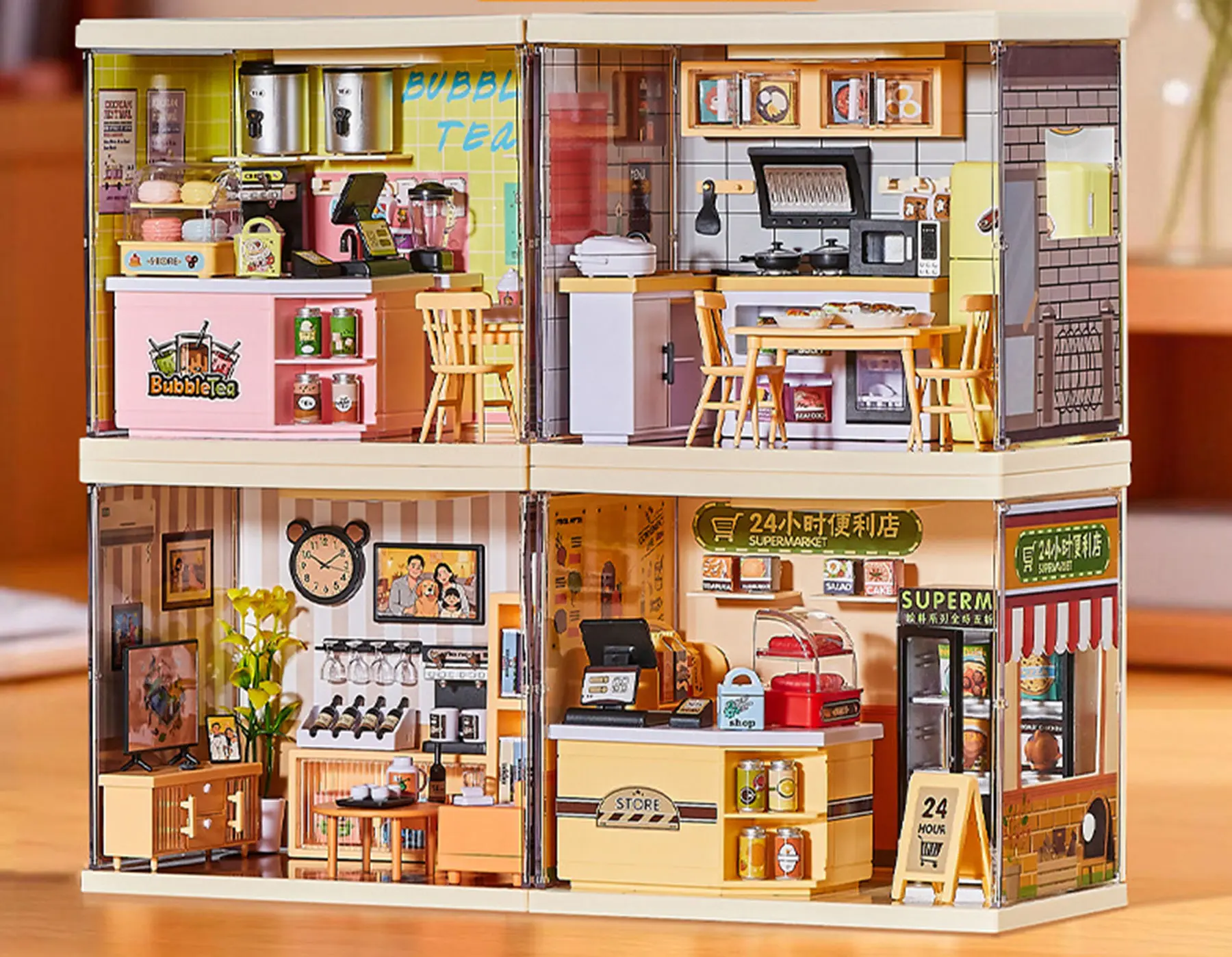 DIY Miniature Shop House Kit, 3D Puzzle Bubble Tea & Convenience Store Scene, Montessori Educational Toy for Kids' Creative Play
