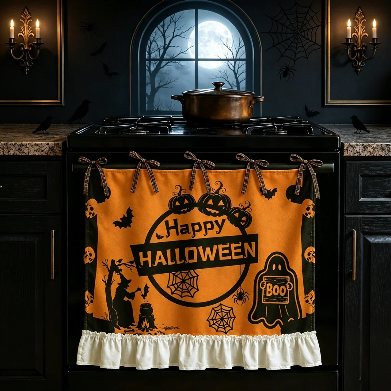 1pc Halloween Witch Ghost Print Ruffle Stove Tie Curtain, Kitchen Oven Front Half Curtain, Farmhouse Decor for Halloween Party