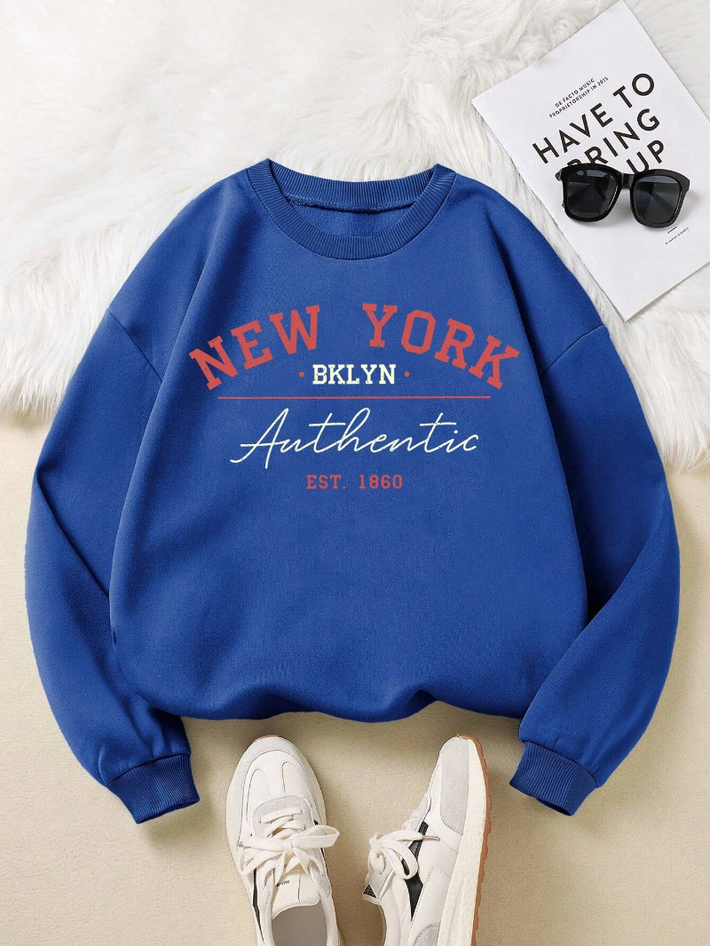 New York Brooklyn Authentic Sweatshirt Women Letter Print Hoodie Fleece Warm Crewneck Loose Pullover Winter Sporty Female Tops