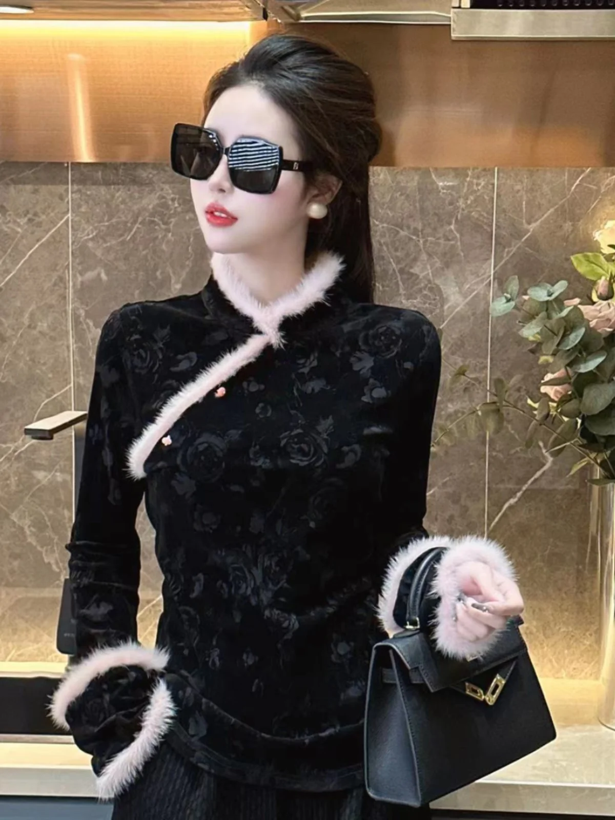 

Faionable Chinese Sle irt Women's Slim Fit Long Sve Stand Collar Waist Cinched Patchwork Frayed Top for Winter