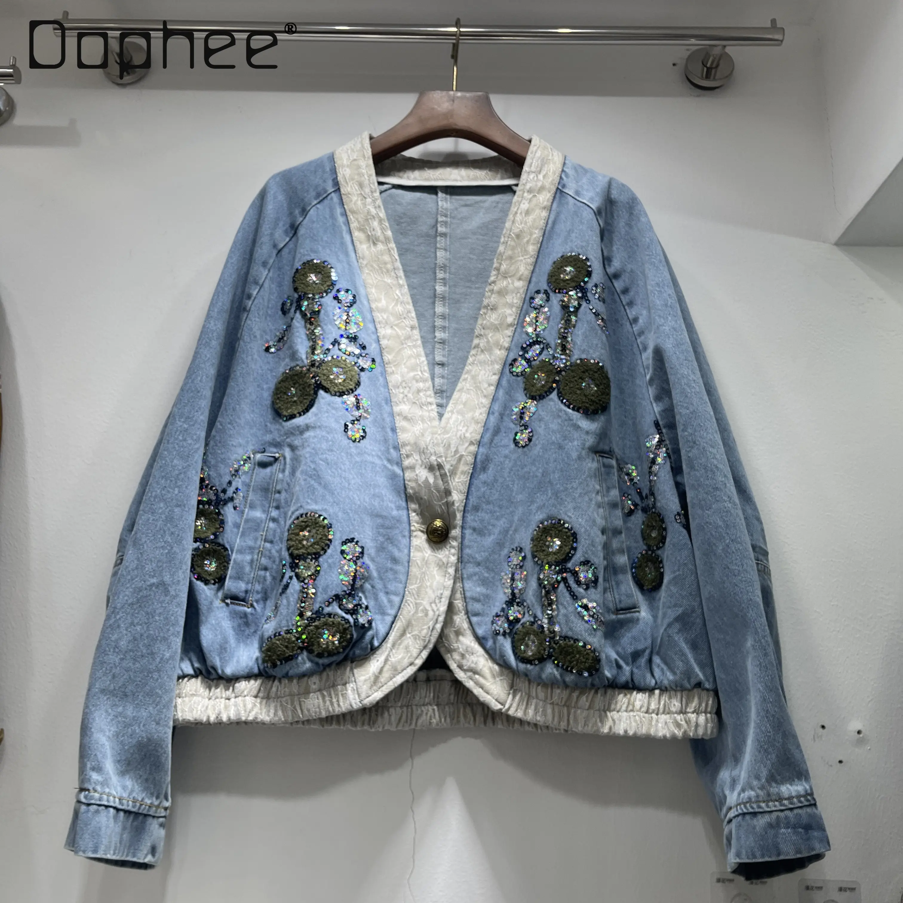 

2026 Spring New Style 3D Sequin Embroidered Denim Jacket for Women Street Style Loose V-Neck Light Blue Jean Jacket