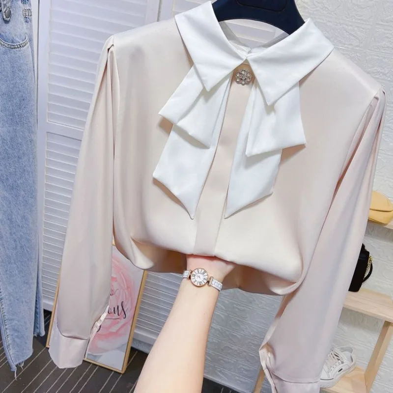 Women's Contrast Color Peter Pan Collar Blouses Spring Autumn New Fashion Loose Sweet Diamonds Long Sleeve Ruched Pullover Shirt