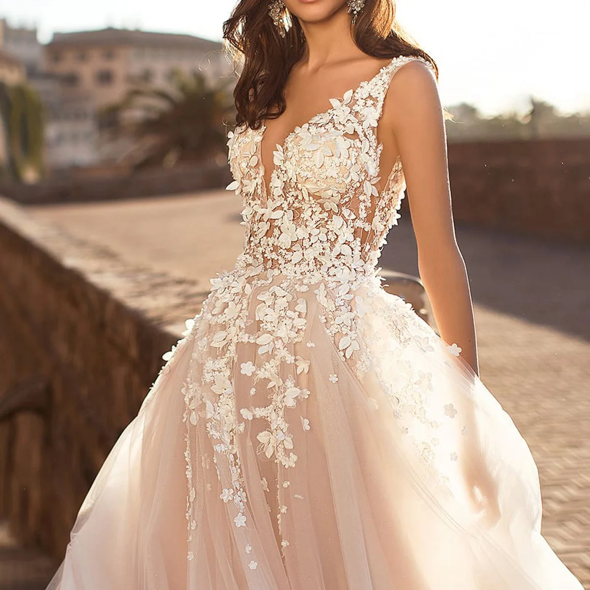 Abito da sposa fatto a mano con petalo 3D romantico Beige con scollo a v in pizzo abito elegante senza maniche per dolce sposa 2024 spedizione gratuita