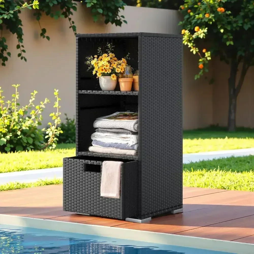 Black Outdoor Rattan Storage Shed with Towel Rack and Storage Shelves, Ideal for Pool, Patio, Garden, and Deck