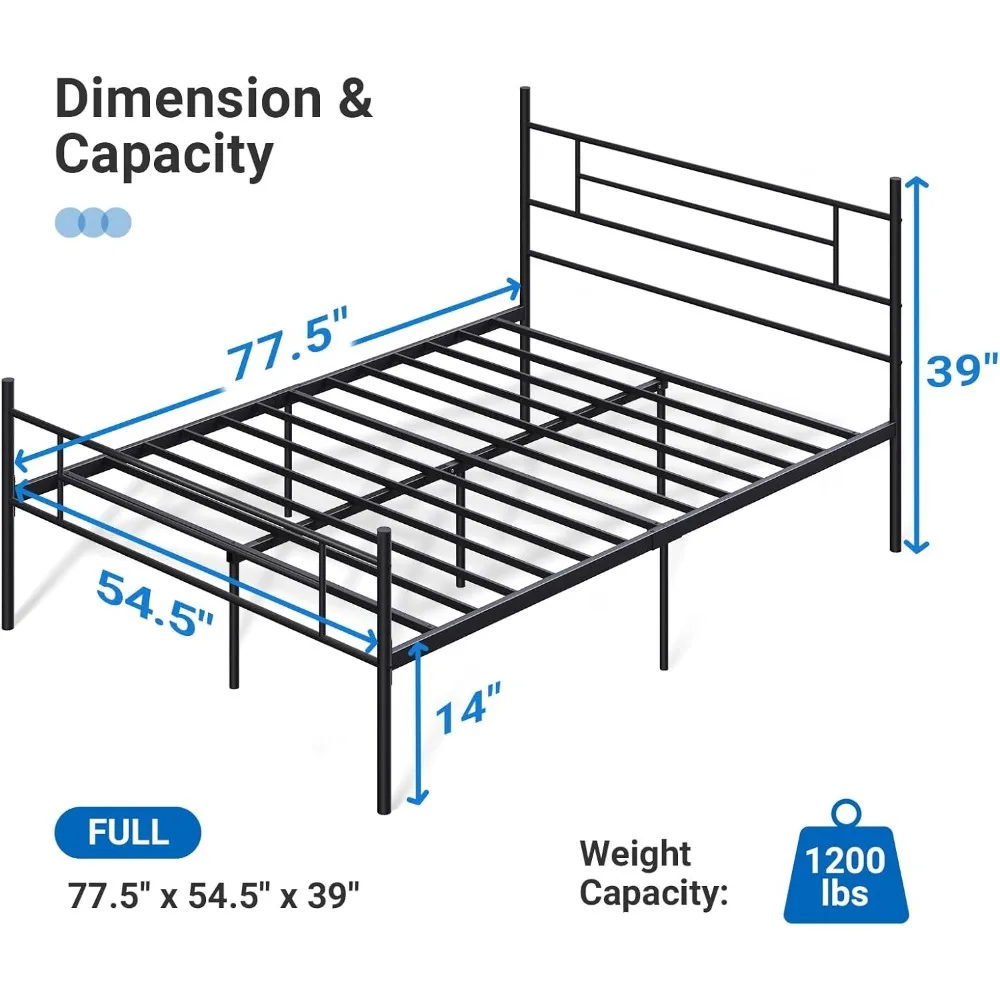 Metal Platform Full Size Bed Frame with Classical Headboard Footboard, 14 Inch Bed-Frame, Adequate Under Bed Storage