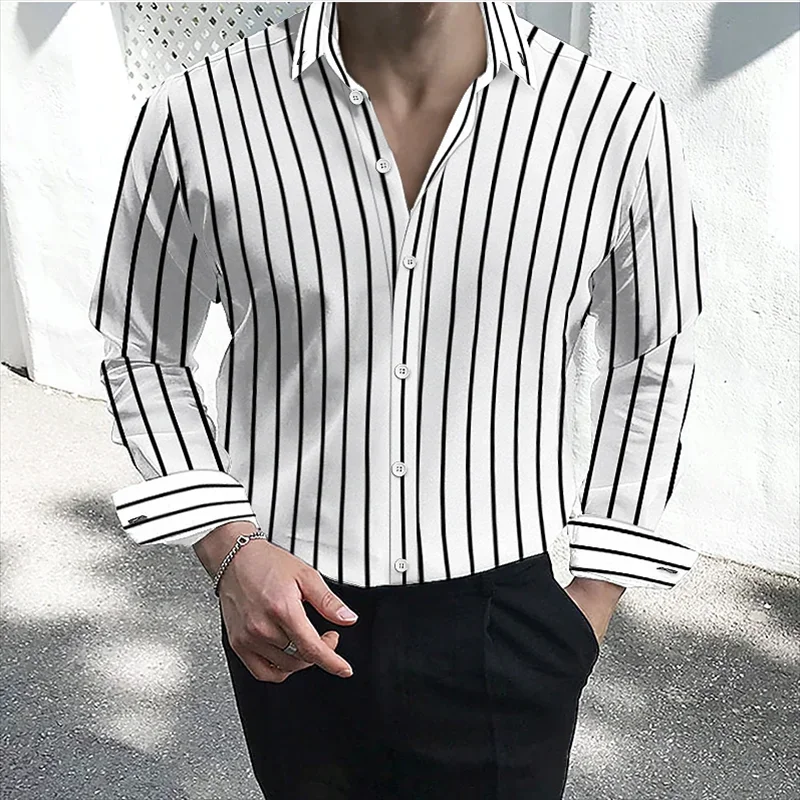 Men\'s formal casual shirt button lapel shirt black and white red long sleeve striped lapel shirt large size XS-6XL