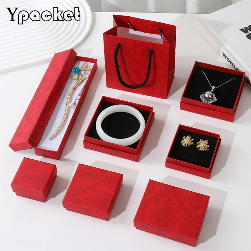 

Модная красная шкатулка-органайзер для ювелирных изделий: для обручальных колец, серег, ожерелий, кулонов. Подарочная коробка-держатель с цветочным дизайном, 50 шт./лот.