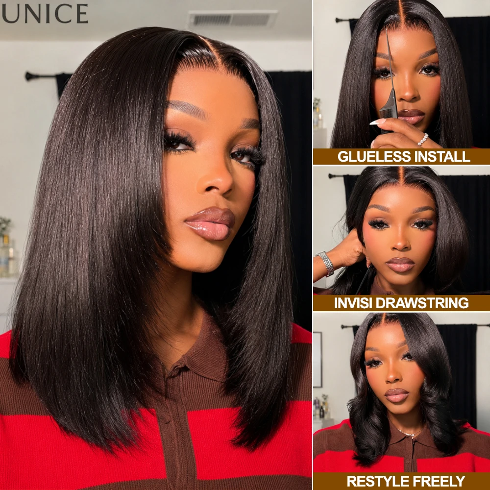 UNice 7x5 & 13x4 Lace Glueless Yaki Straight Bob Wig Human Hair With Feathered Layers & Invisi Drawstring