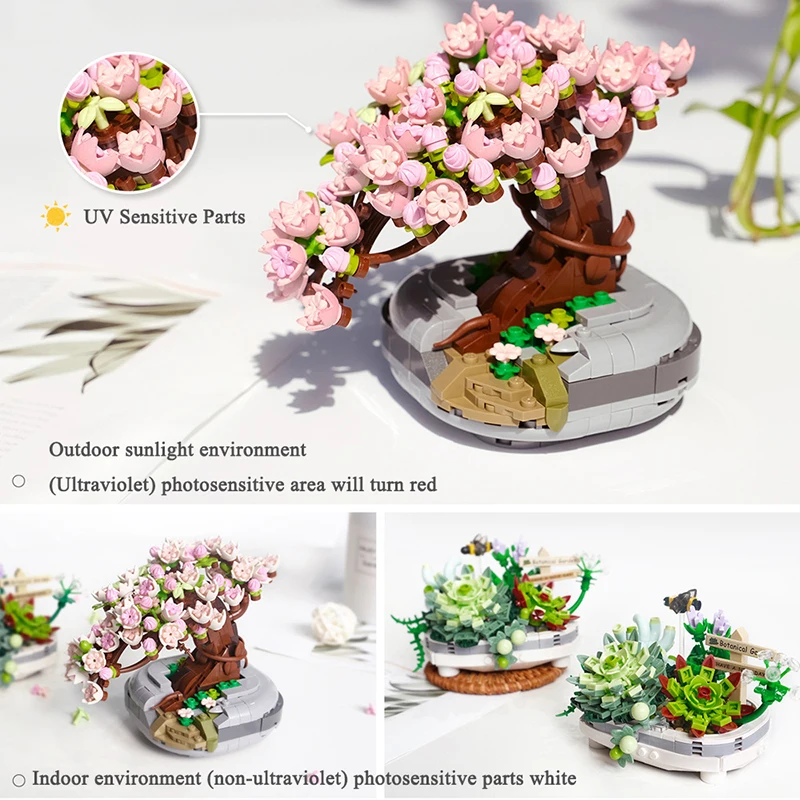 Mini bloques de construcción ramo de flores de cerezo suculentas modelo en maceta decoración DIY ensamblado bloque de flores regalo de juguete para