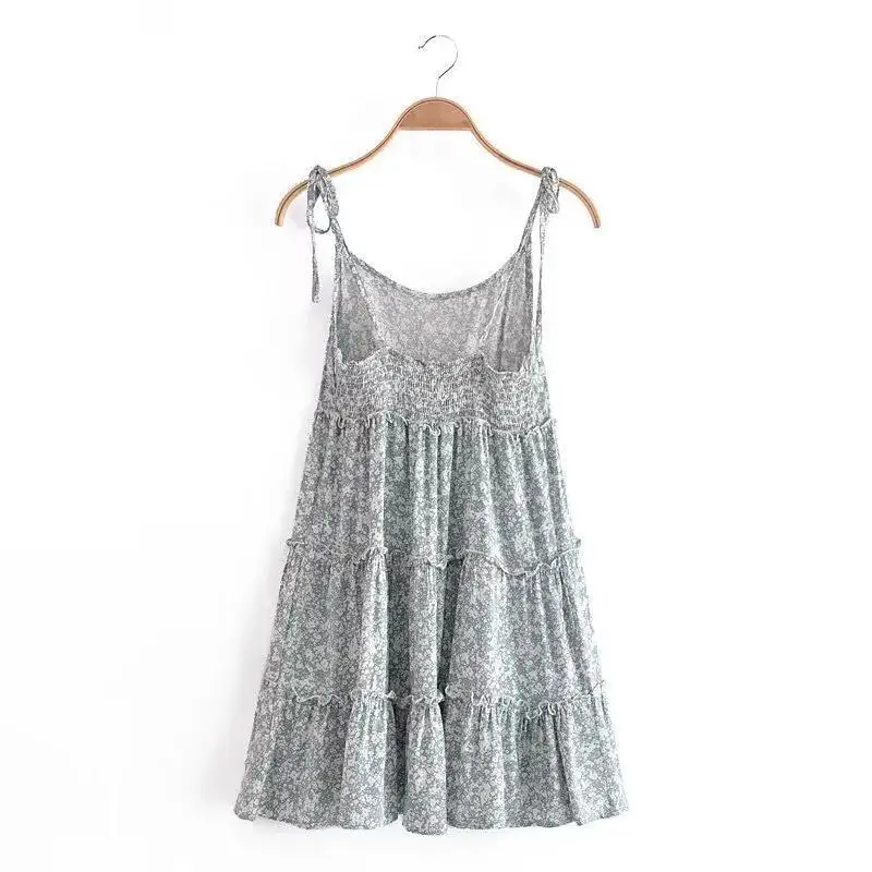 여름 스트랩 캐미솔 미니 드레스 여성 프린트 그린 백리스 A라인 캐주얼 드레스