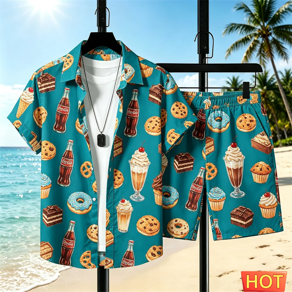 Summer Men's Vacation Shirt Set Ice Cream Printed shirt Beach Vacation men's Two-piece set Breathable Casual men's shirt+shorts