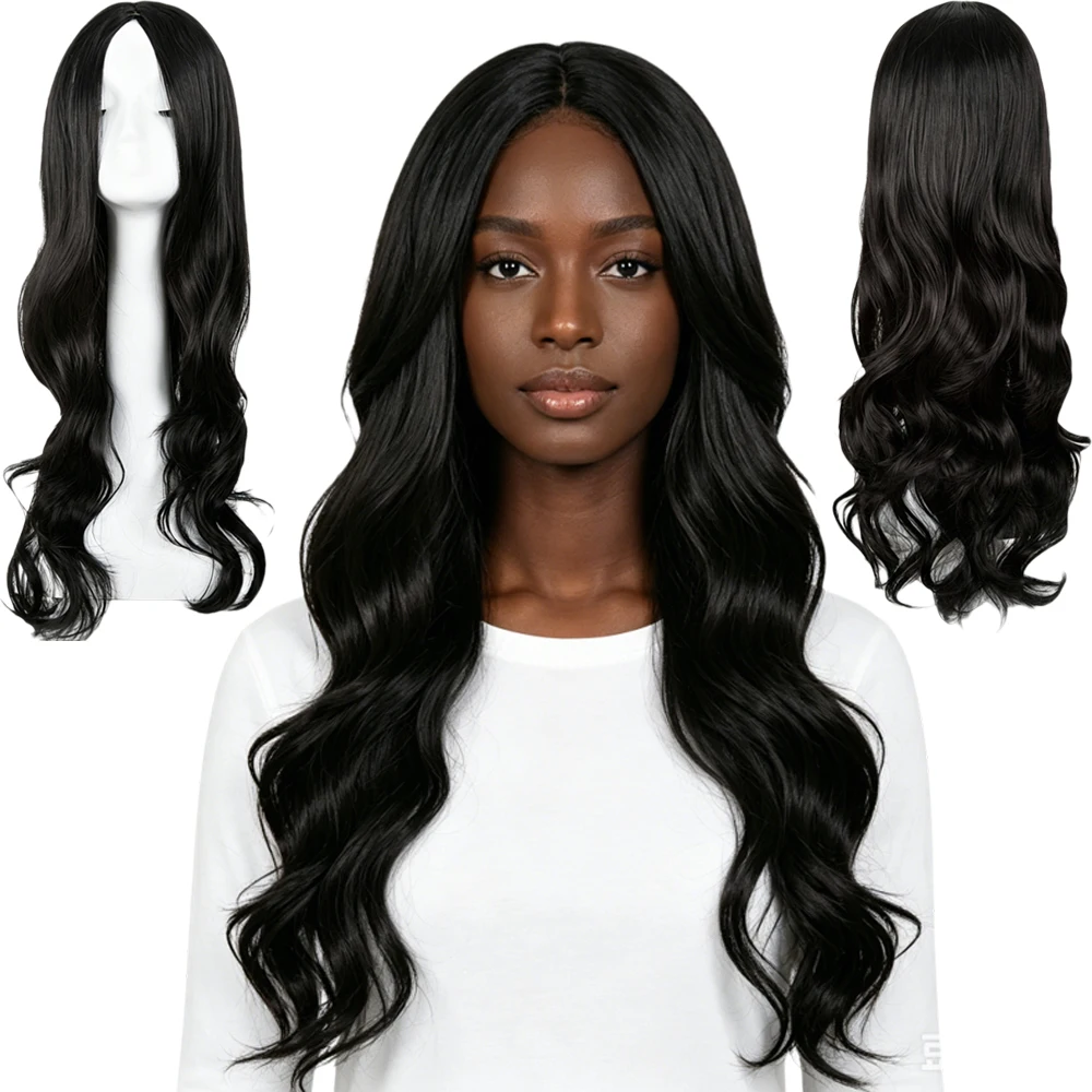 

Long Black Wavy Wig for Women Middle Part Synthetic Hair Wigs Natural Looking Heat Resistant Fiber Daily Party Use 27 Inch