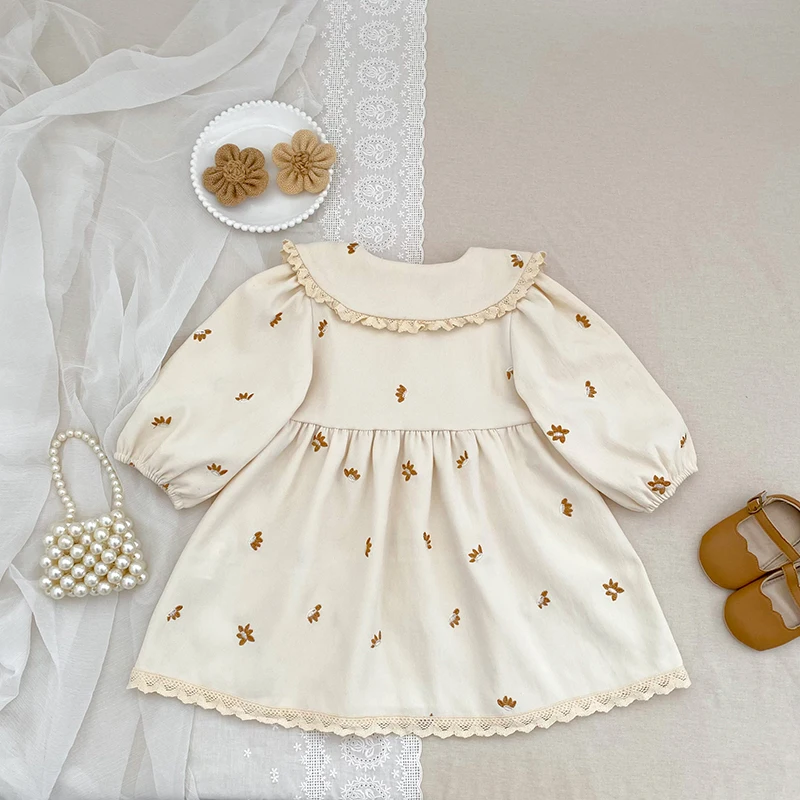 2026 Baby-Mädchen-Kleid mit langen Ärmeln, koreanischer Stil, Kragen, Spitze, Blumenstickerei, Baumwolle, Kleinkind-Prinzessinnenkleid, Herbst-Kinderkleidung – Detail 5