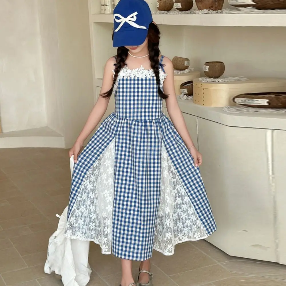 Casual Plaid Girl Princess Dress Loose Lace Mesh Teens Sling Dress Skirt Sweet Children Sleeveless Dresses